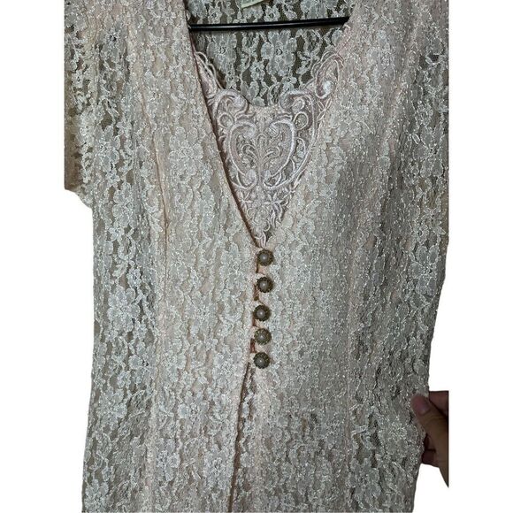 Vintage Dawn Joy 80s/90s Light Pink Lace Coquette Cottagecore Lace Maxi Dress Si - Picture 5 of 15
